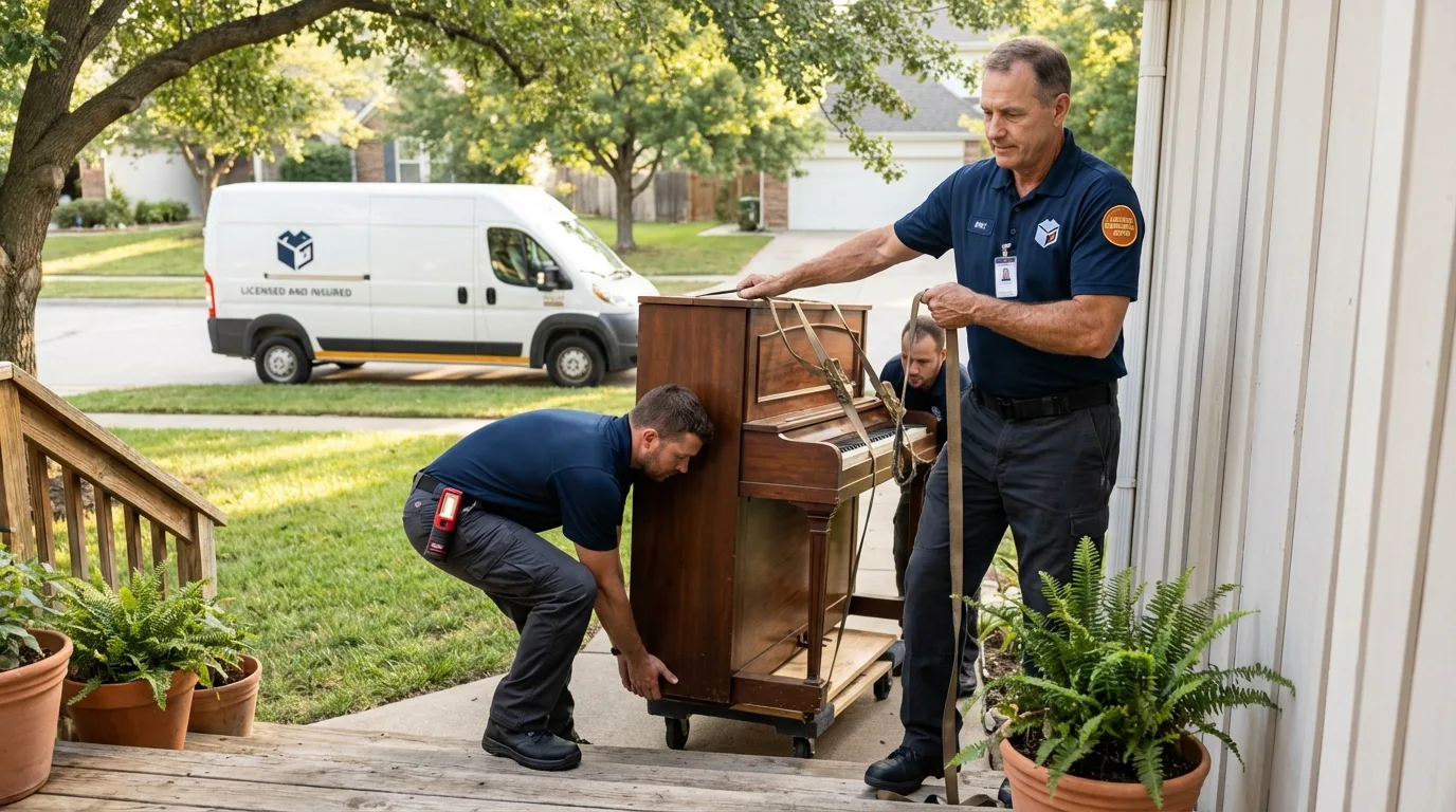 Licensed piano movers securing grand piano in Alexandria Bay, NY