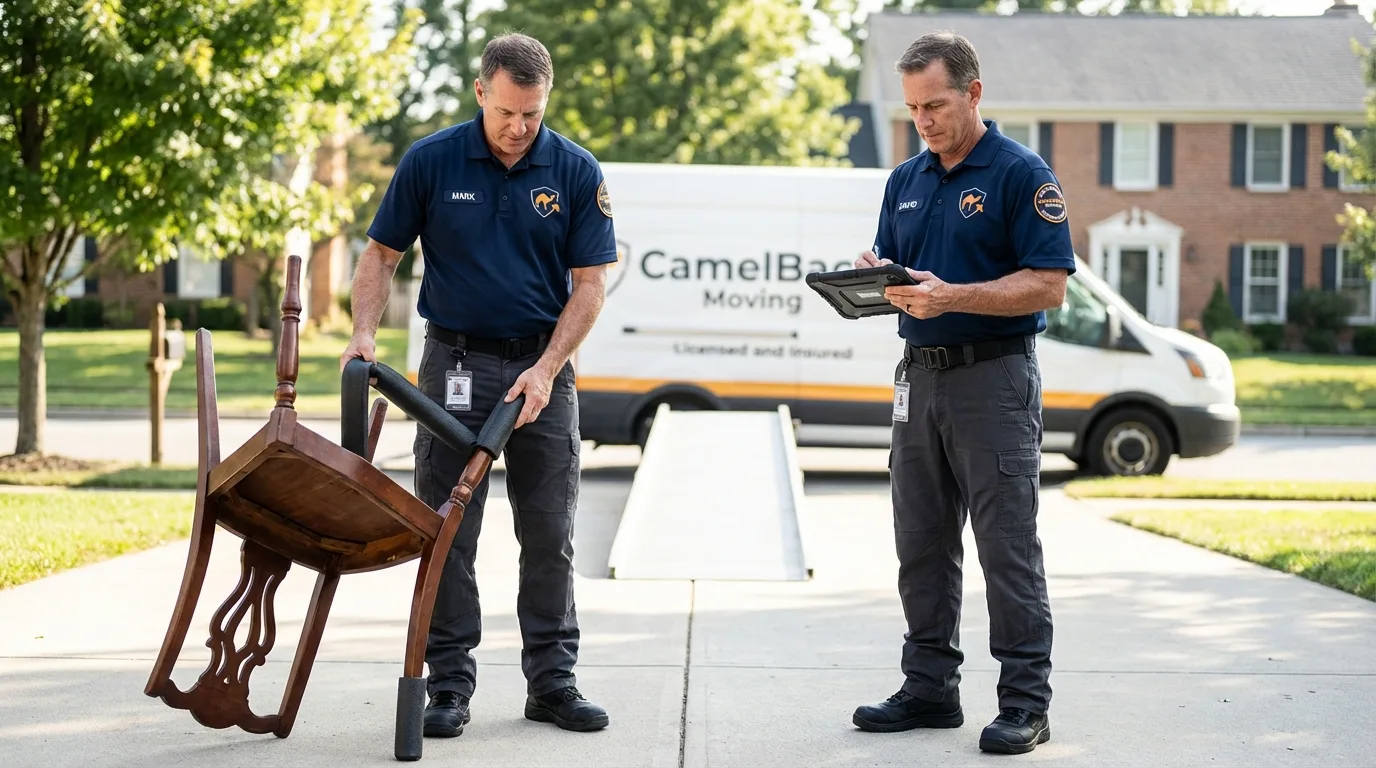 Movers inspecting furniture for damage prevention before loading in Alexandria Bay, NY