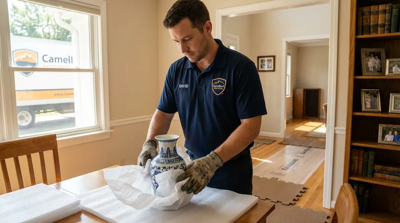 Professional crew carefully wrapping antique vase for senior downsizing move in Alexandria Bay, NY